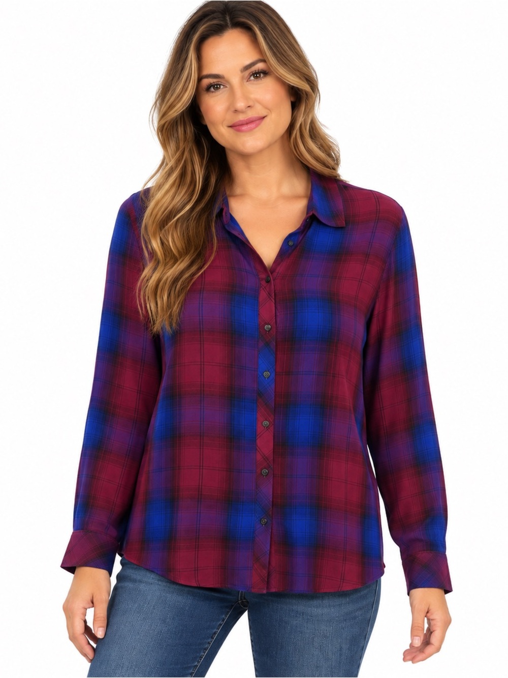 ModCloth Burgundy Blue Plaid Button Down Shirt M Rayon Drapey Fall Top NWOT